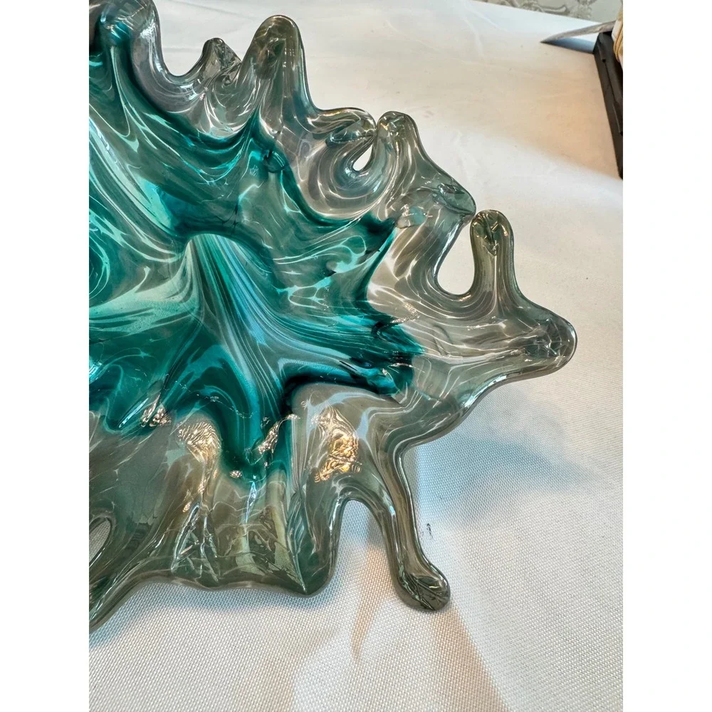 Hand Blown Art Glass Splash Vase Turquoise Teal‎ Smoky Grey Spiral statue Murano